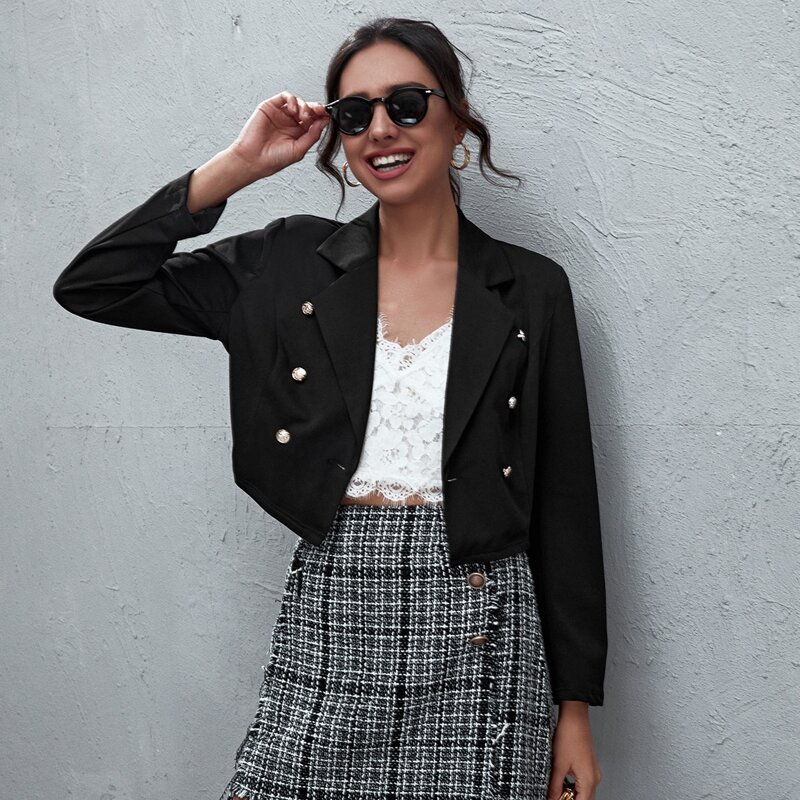 

Notch Collar Double Button Crop Blazer, Black
