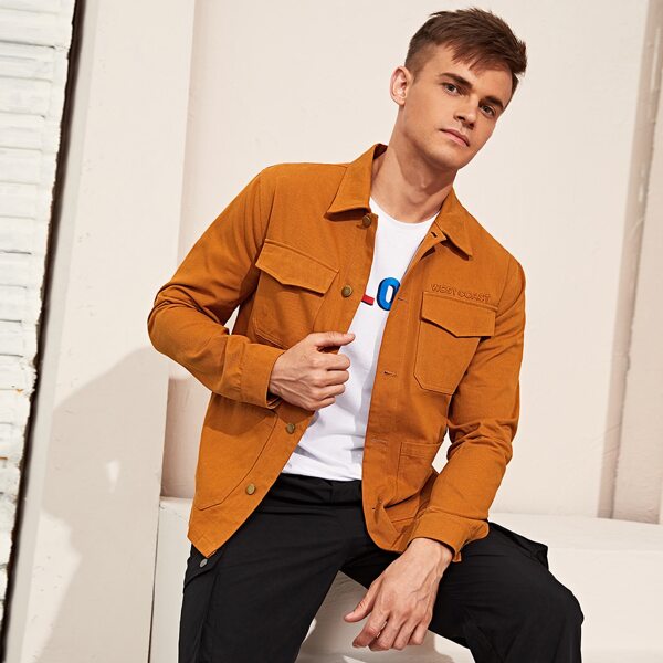

Men Letter Embroidery Pocket Front Coat, Ginger