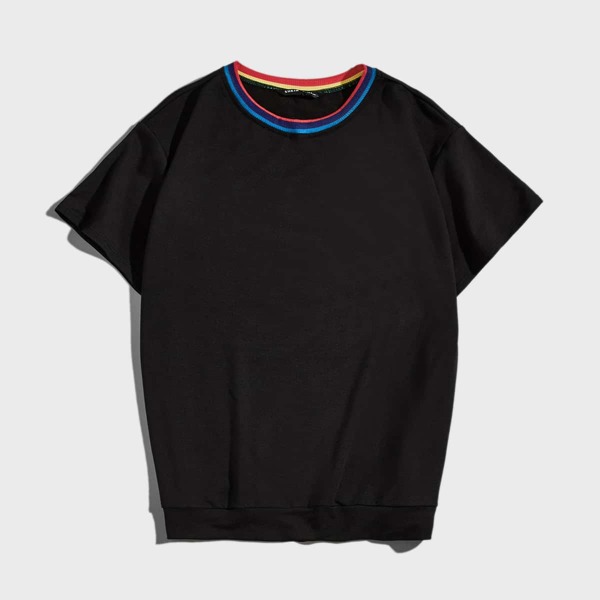 

Men Striped Neckline Drop Shoulder Sweatshirt, Black