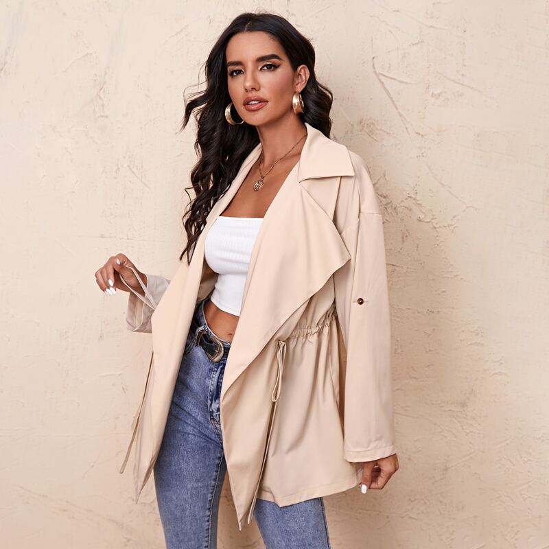 

Roll Up Sleeve Drawstring Waist Trench Coat, Apricot