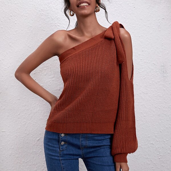 

One Shoulder Knot Sweater, Rust brown