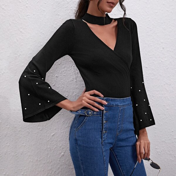 

Pearls Beaded Bell Sleeve Sweater, Black