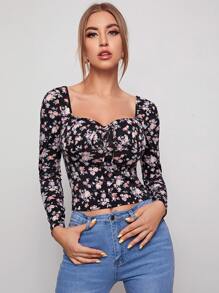 SHEIN Frenchy Ditsy Floral Knot Front Tee Casual - Multicolor - View 3