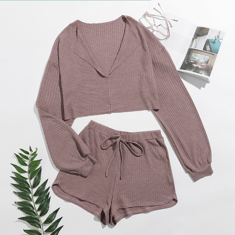 

Drop Shoulder Notched Neck Top & Shorts Set, Dusty pink