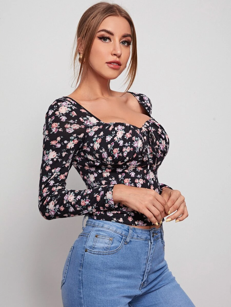 SHEIN Frenchy Ditsy Floral Knot Front Tee Casual - Multicolor - View 1