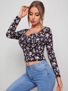 SHEIN Frenchy Ditsy Floral Knot Front Tee Casual - Multicolor - View 4