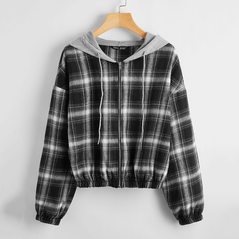 

Drop Shoulder Contrast Hooded Plaid Jacket, Multicolor