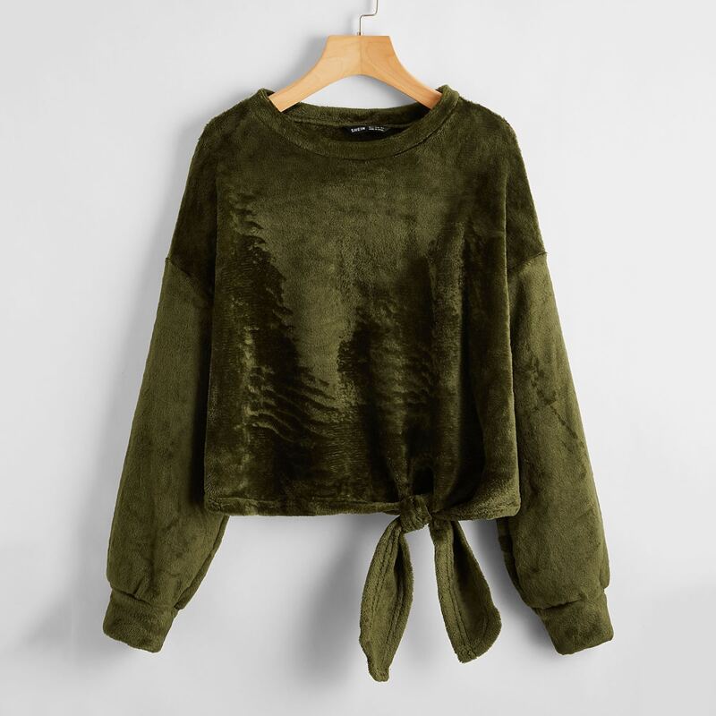 

Drop Shoulder Knot Front Shearling Sweatshirt, Army green