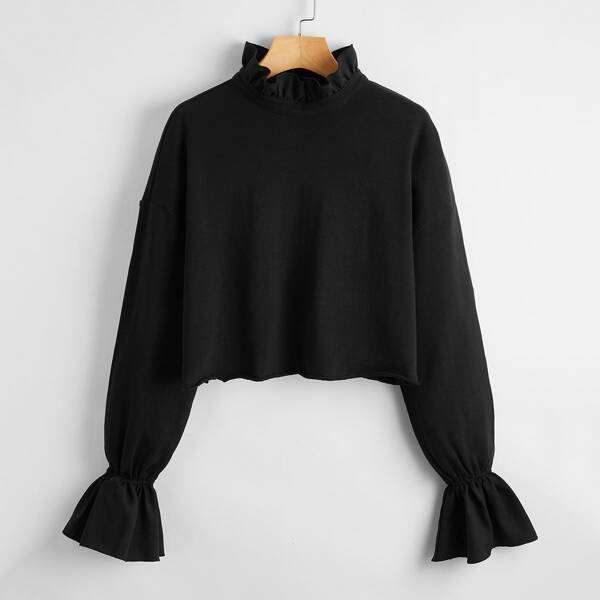 

Solid Ruffle Cuff Sweatshirt, Black