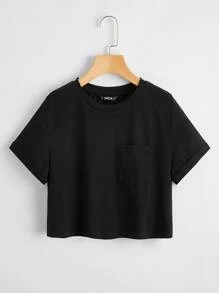 Muchica Solid Cropped Boxy Tee - Black - View 1