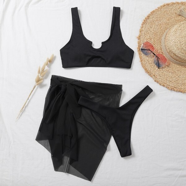 

3pack Rib Cut-out Bikini Swimsuit & Mesh Beach Skirt, Black