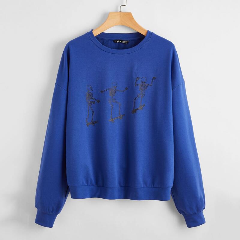 

Drop Shoulder Skeleton Print Pullover, Royal blue
