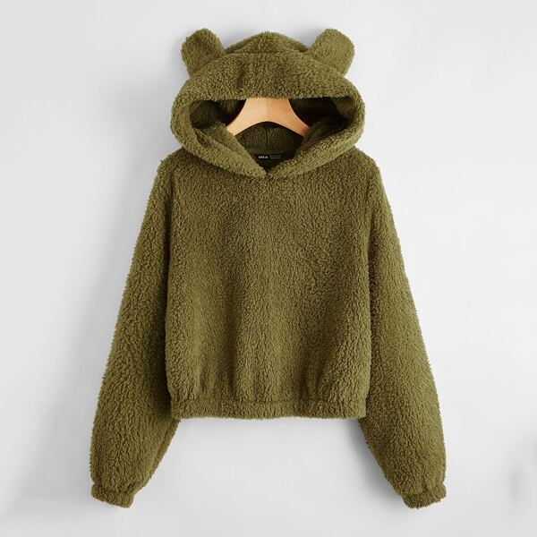 

3D Ear Design Teddy Hoodie, Army green