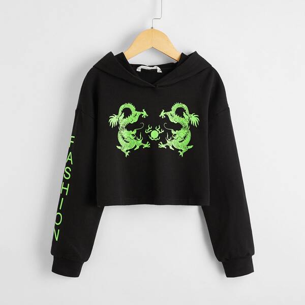 

Girls Letter & Chinese Dragon Print Hoodie, Black