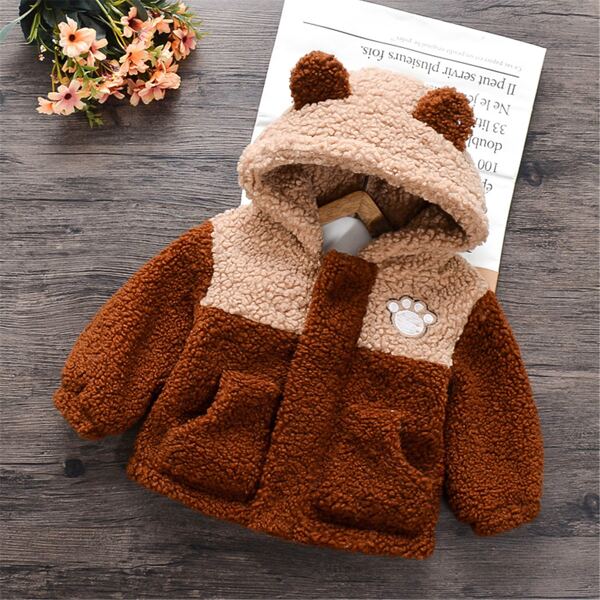 

Toddler Girls Cartoon Embroidery Colorblock Teddy Jacket, Rust brown