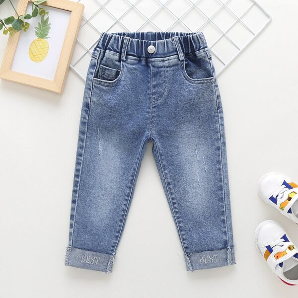 

Toddler Girls Letter Embroidery Cuffed Hem Jeans, Light wash