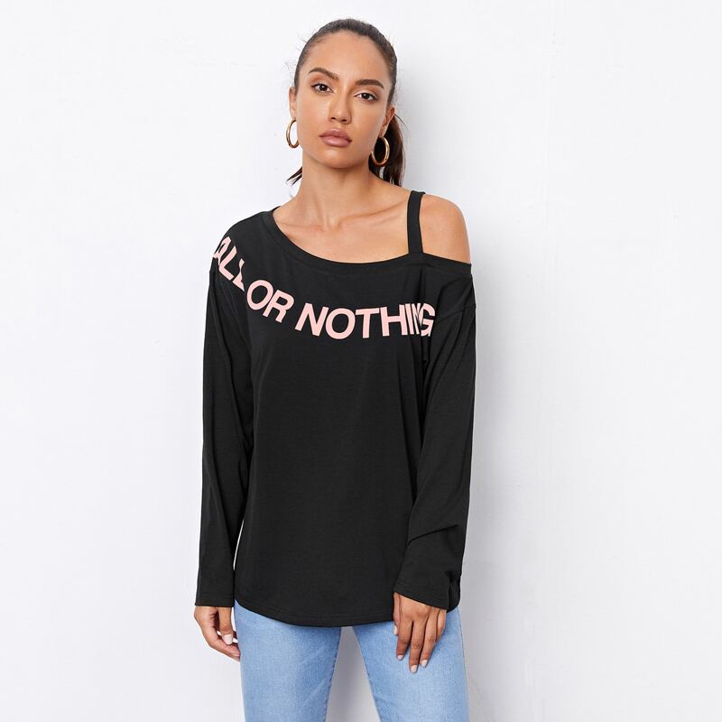 

Asymmetric Neck Letter Graphic Tee, Black