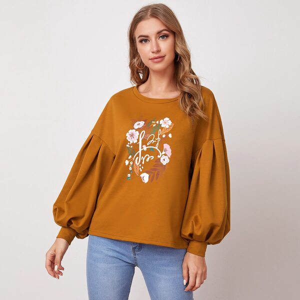 

Floral & Letter Print Bishop Sleeve Sweatshirt, Ginger