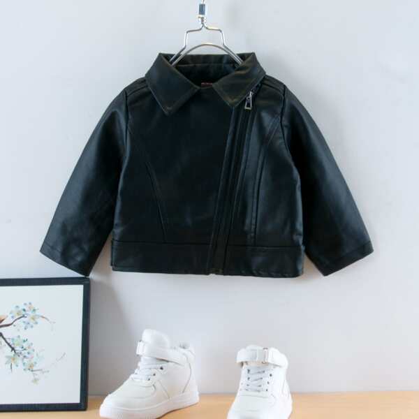 

Toddler Girls Zip Up PU Leather Jacket, Black