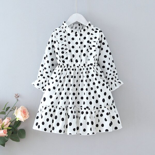 

Toddler Girls Polka Dot Ruffle Trim Button Front Dress, White