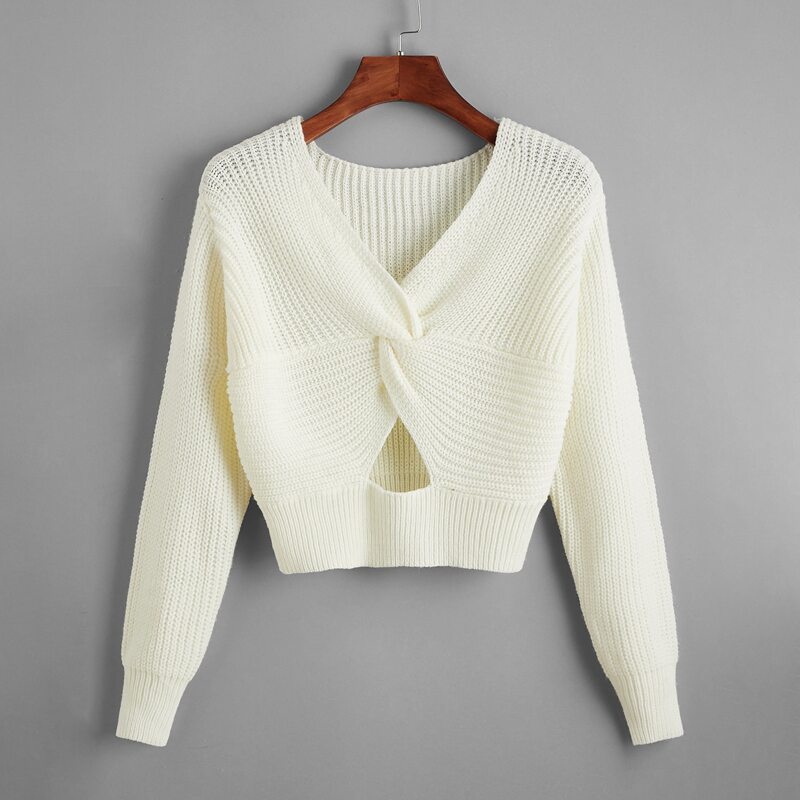 

Twist Front Cut Out Crop Sweater, Beige