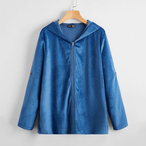 

Zip Up Roll Up Sleeve Hooded Coat, Blue