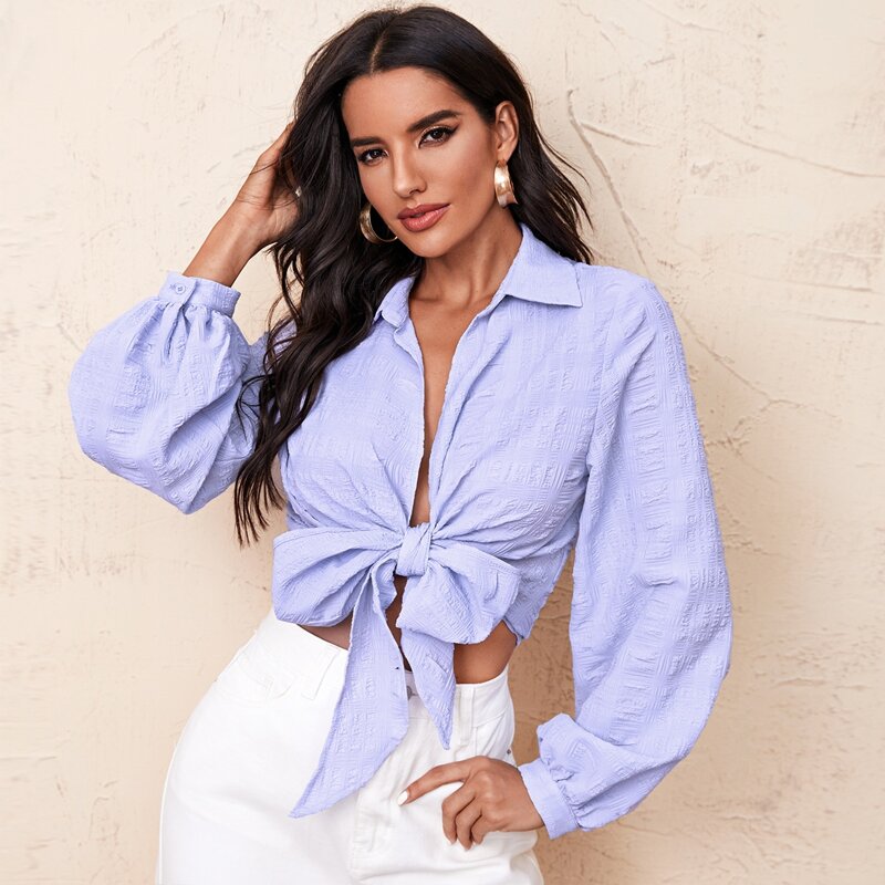 Bishop Sleeve Tie Front Top, Pastel lilac purple