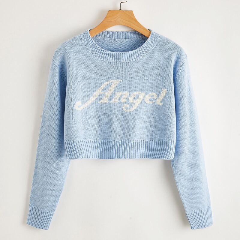 

Letter Graphic Crop Sweater, Baby blue