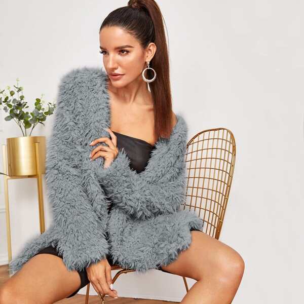 

Faux Fur Open Front Coat, Grey