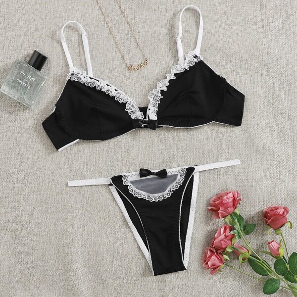 

Lace Trim Thong Lingerie Set, Black