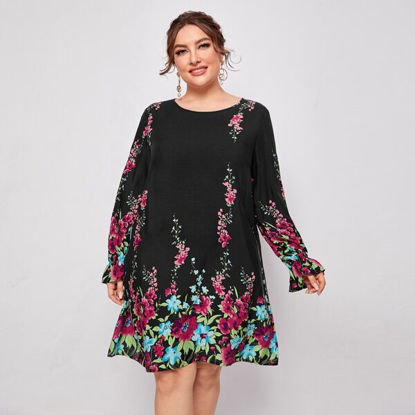 

Floral Flounce Sleeve Tunic Dress, Black