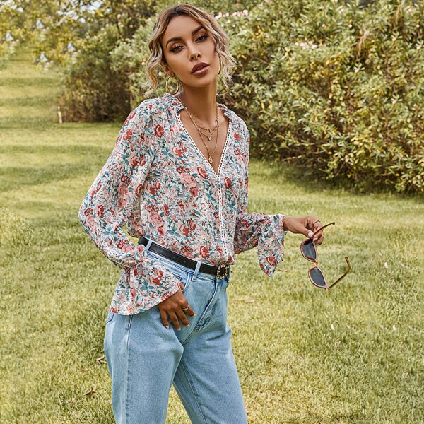 

All Over Floral Print Flounce Sleeve Shirred Detail Blouse, Multicolor