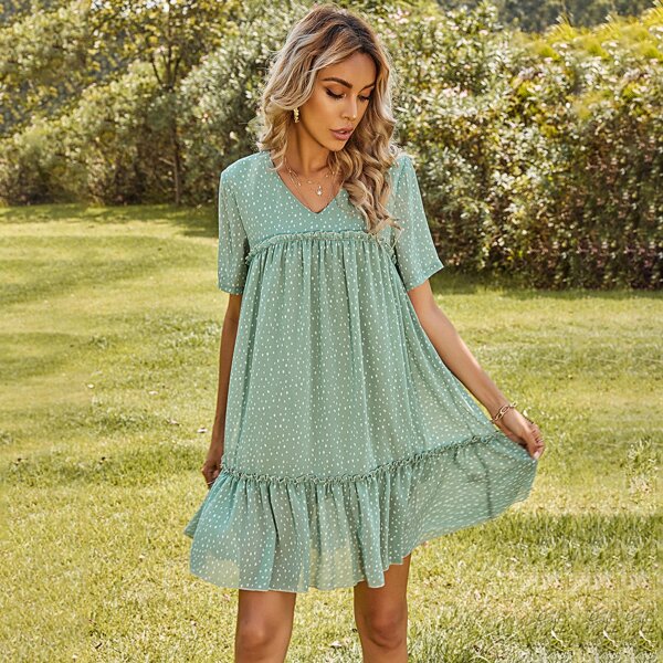 

Allover Print Lettuce Trim Ruffle Hem Smock Dress, Green