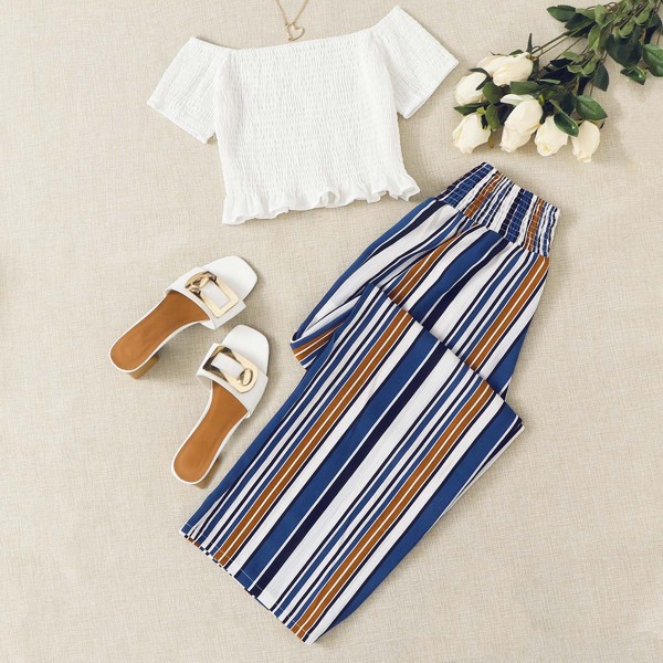 

Plus Bardot Shirred Ruffle Hem Top & Striped Pants, Multicolor