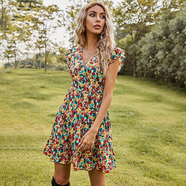 

Allover Floral Print Backless Ruffle Hem A-line Dress, Multicolor