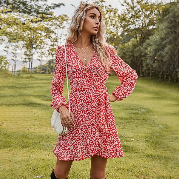 

Ditsy Floral Self Tie Ruffle Hem Dress, Red and white