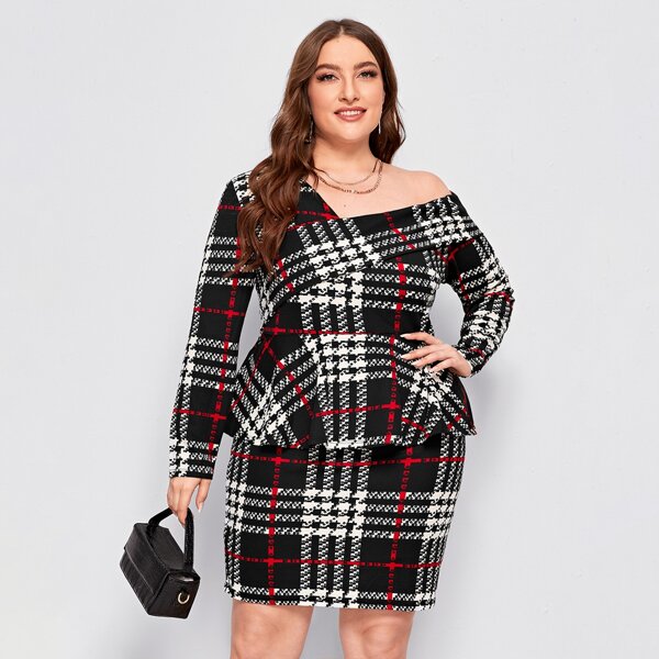 

Plus Foldover Asymmetrical Neck Peplum Plaid Dress, Multicolor