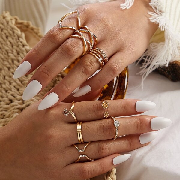 

8pcs Irregular Rhinestone Decor Rings, Gold
