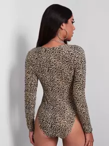 SHEIN Privé Leopard Print Long Sleeve Cheeky Bodysuit - Multicolor - View 2