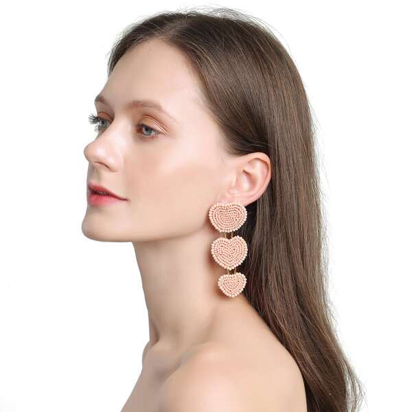 

Beaded Heart Drop Earrings, Pink