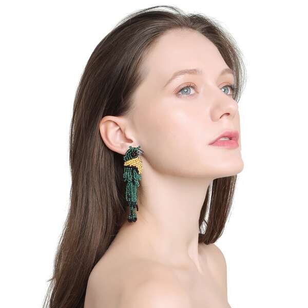 

Beaded Tassel Design Bird Shaped Earrings, Green