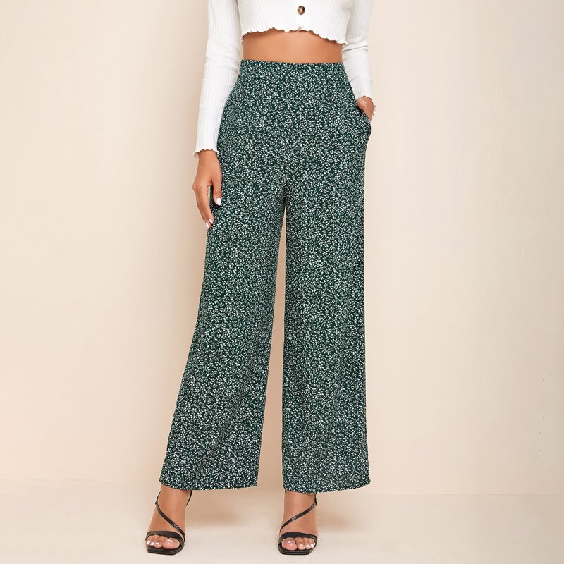 

Plants Print Wide Leg Pants, Dark green