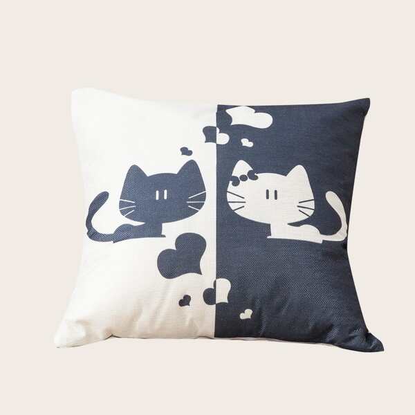

Cat Print Cushion Cover Without Filler, Black and white