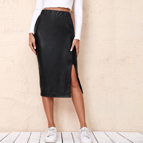 

Slit Hem Leather Look Pencil Skirt, Black