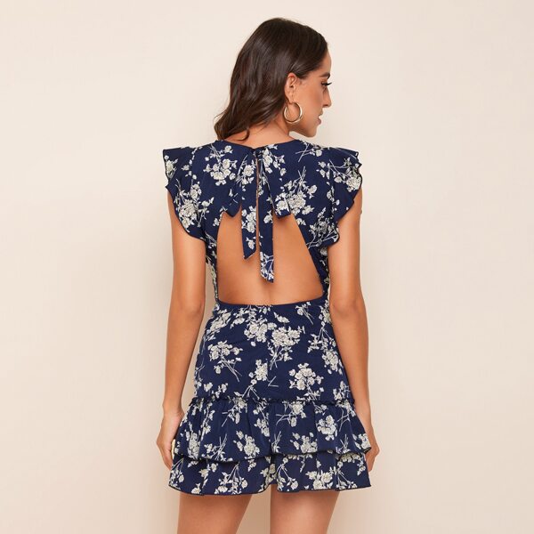 

Backless Knotted Ruffle Hem Floral Dress, Navy blue