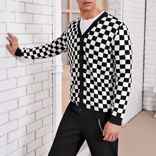 

Men Button Front Checkered Cardigan, Black and white
