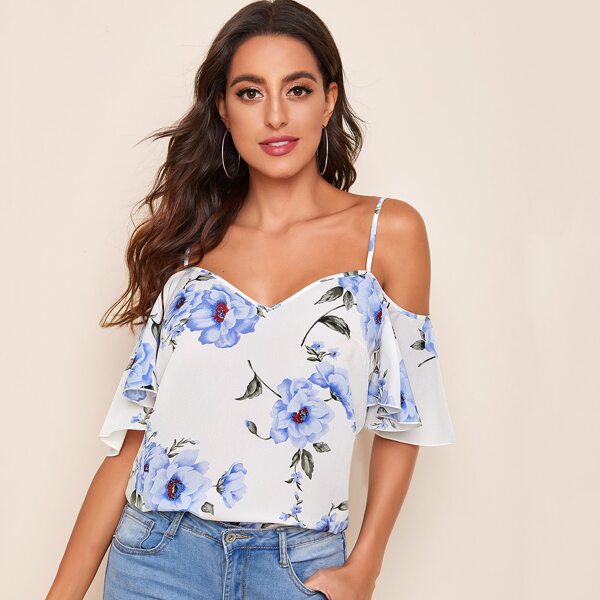

Cold Shoulder Floral Print Top, White