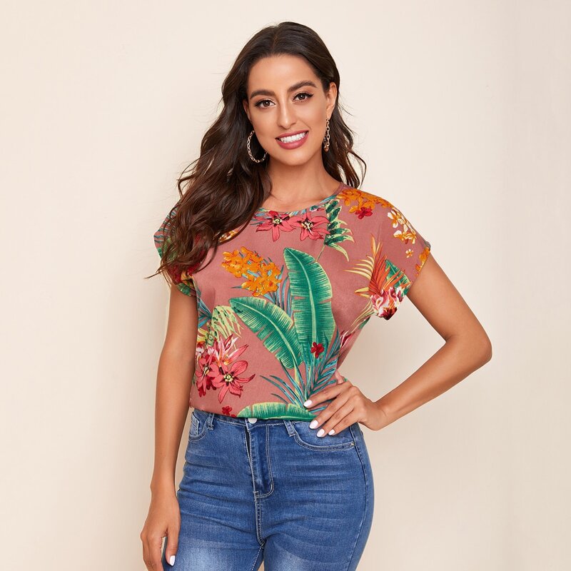 

Batwing Sleeve Tropical Print Top, Dusty pink