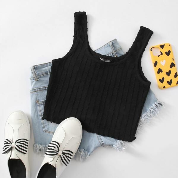 

Solid Textured Crop Tank Top, Black