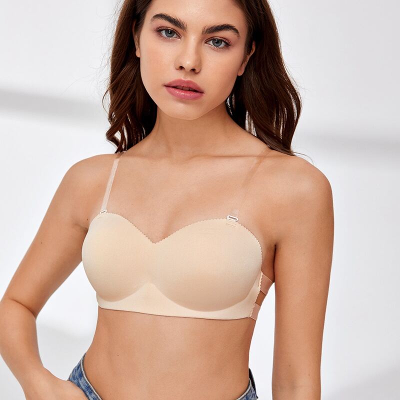 

Solid Bandeau Bra & Clear Shoulder Strap, Apricot